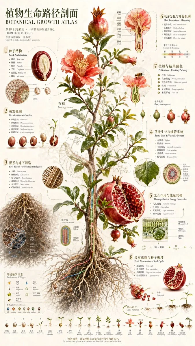 参考效果：石榴植株的根系、花果与植物图鉴插画