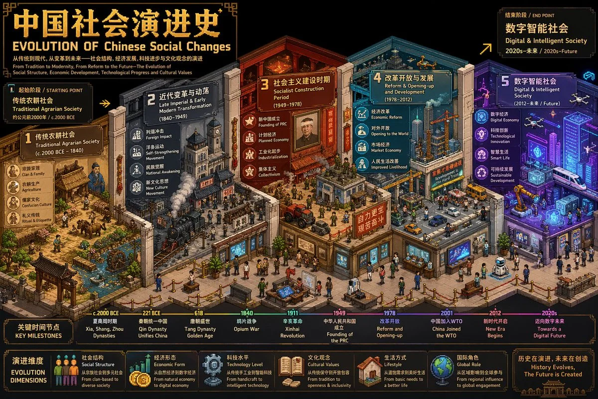 参考效果：以等距建筑剖面组织的社会演进信息图