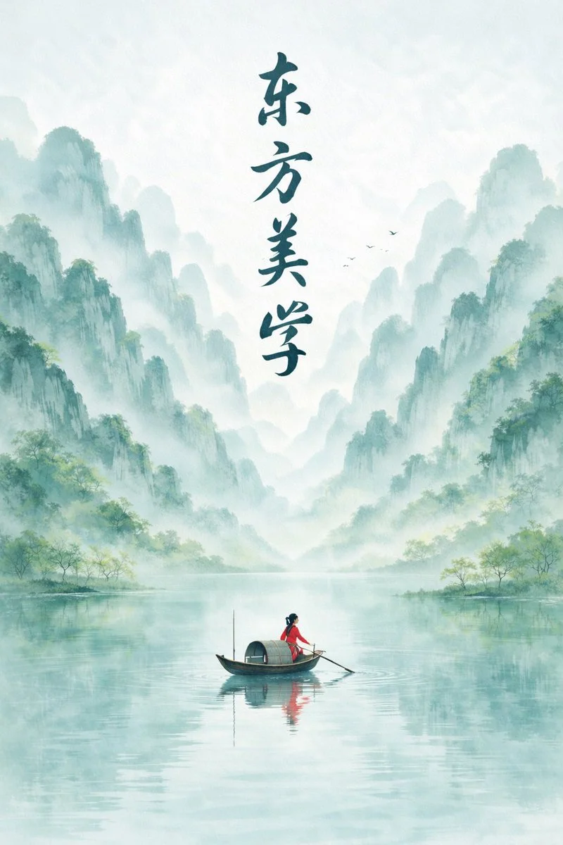 参考效果：青绿色水墨群山、湖面与大面积留白