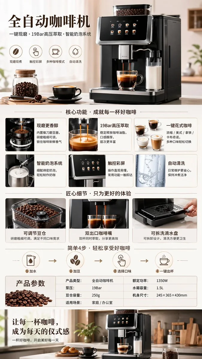 参考效果：咖啡机电商详情页中的产品图与卖点分区