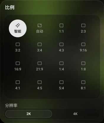 比例设置面板显示智能、自动及固定比例选项，下方为 2K 和 4K 分辨率切换